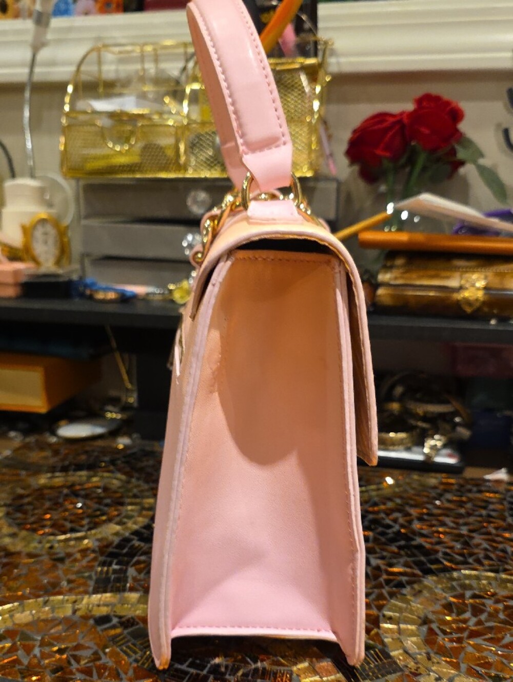 ALDO Pink and Cream Top-Handle Satchel with Gold Chain - Picture 6 of 11